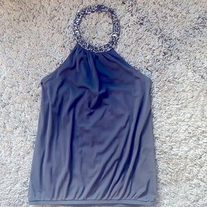 Express tapered silk embellished halter, smoke grey size small